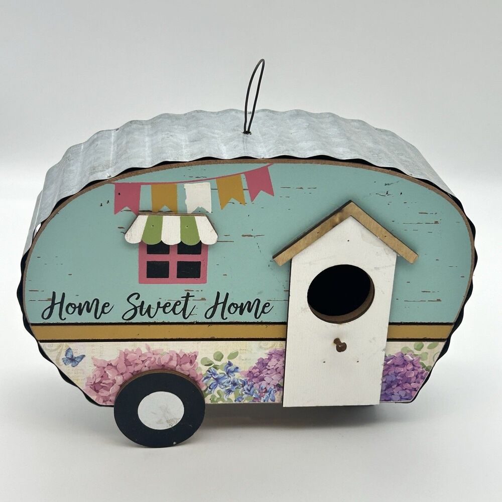 Home Sweet Home Camper Trailer Birdhouse Wooden Hanging Bird House Floral Decor